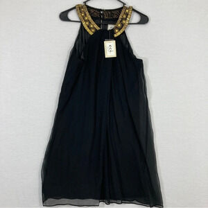 NEW ECI New York Black Gold Embellished 100% Silk Dress size 2